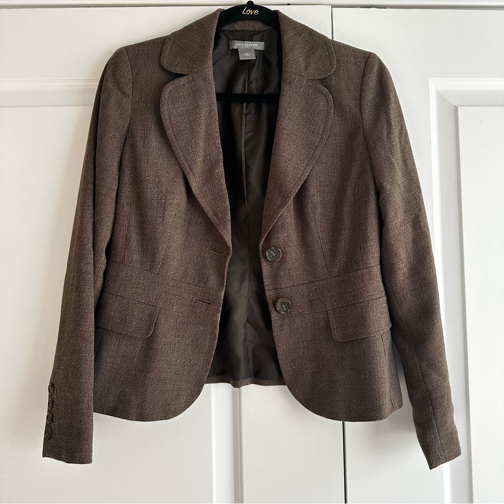 Ann Taylor Factory Classic Brown Micro Tweed Pattern Blazer